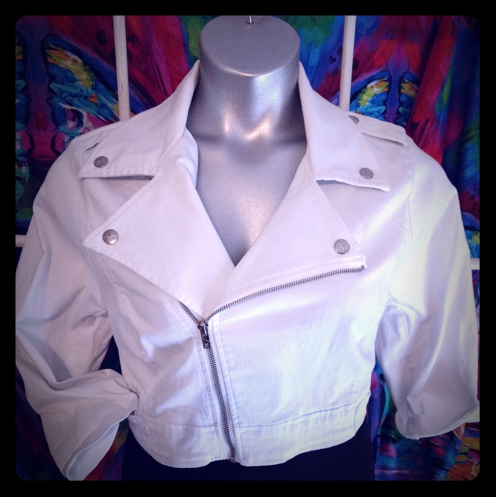 Cropped White Denim Moto Jacket